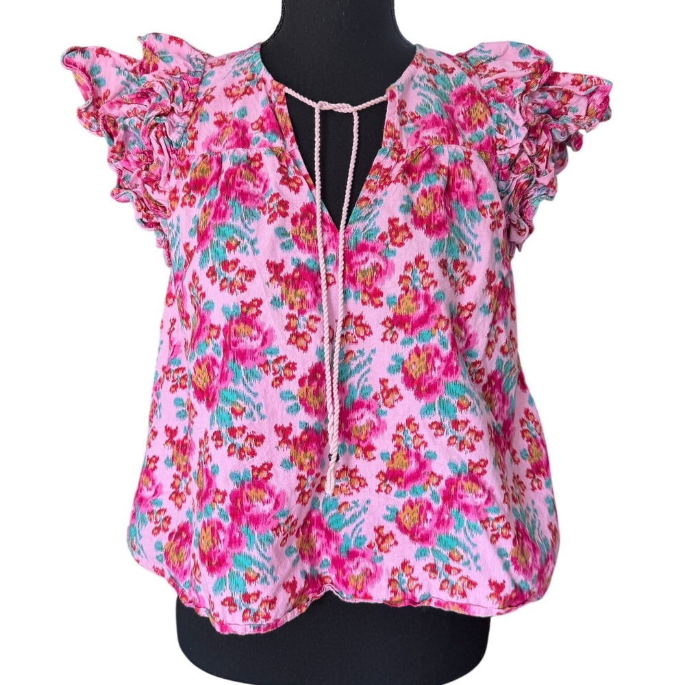 Love The Label Pink Floral Ikat Ruffle Flutter Sleeve Cotton Blouse Size Small